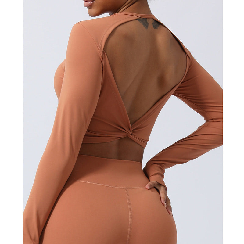 Buddha Stones Mujeres Entrenamiento Manga Larga Entrecruzada Sin Espalda Top Tee Leggings Deportes Fitness Yoga Traje
