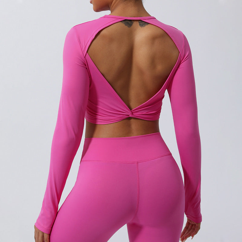 Buddha Stones Mujeres Entrenamiento Manga Larga Entrecruzada Sin Espalda Top Tee Leggings Deportes Fitness Yoga Traje