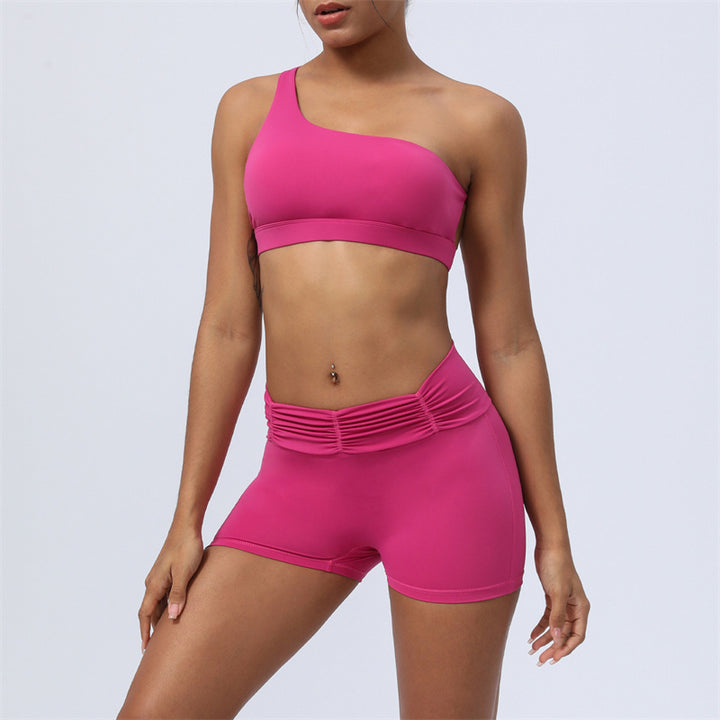 Buddha Stones 2 piezas sin espalda diseño asimétrico top sujetador pantalones cortos polainas pantalones fitness yoga conjunto - Rosa roja - 2 piezas (top y pantalones cortos) - US12, UK/AU16, EU44 (2XL) - image 18