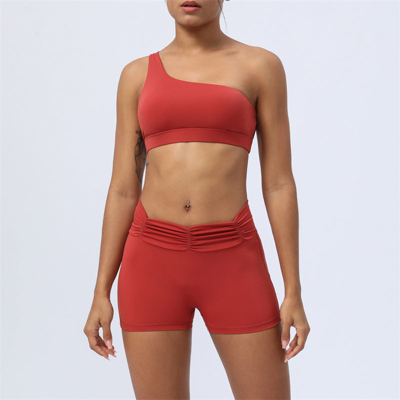 Buddha Stones 2 piezas sin espalda diseño asimétrico top sujetador pantalones cortos polainas pantalones fitness yoga conjunto - Rojo - 2 piezas (top y pantalones cortos) - US12, UK/AU16, EU44 (2XL) - image 7