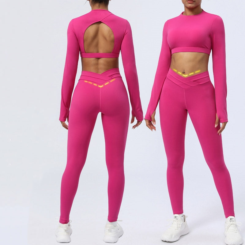 Buddha Stones - Conjunto de 2 piezas de manga larga sin espalda, sujetador, polainas, pantalones, fitness, yoga