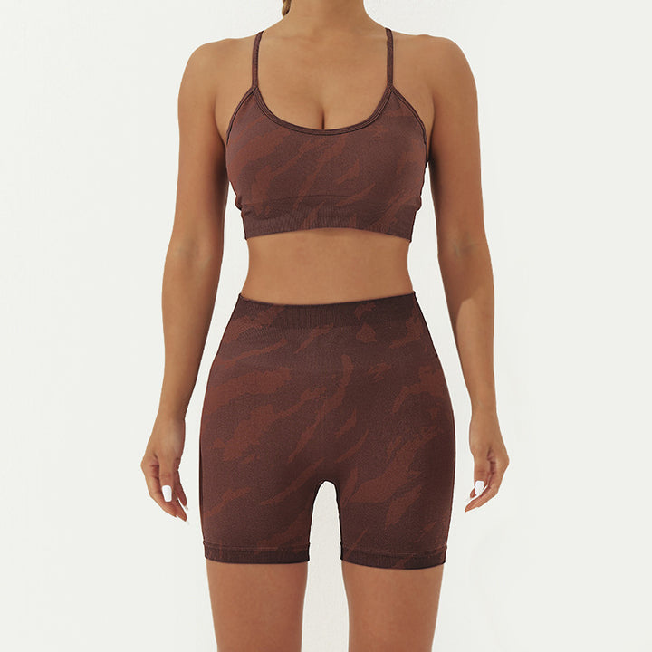 Buddha Stones - Conjunto de 2 piezas con estampado de camuflaje, espalda cruzada, correa cruzada, sujetador, pantalones cortos, polainas, pantalones de fitness y yoga - Marrón - Conjunto de 2 piezas (Top y shorts) - US8-10，UK/AU12-14，EU40-42 (L) - image 8