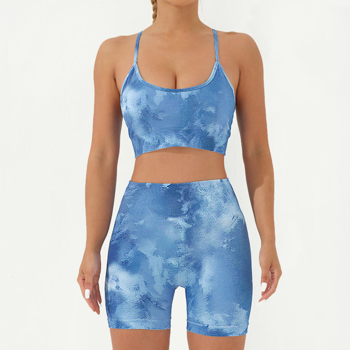 Buddha Stones - Conjunto de 2 piezas con estampado de camuflaje, espalda cruzada, correa cruzada, sujetador, pantalones cortos, polainas, pantalones de fitness y yoga - Azul - 2 piezas (top y pantalones cortos) - US8-10，UK/AU12-14，EU40-42 (L) - image 17