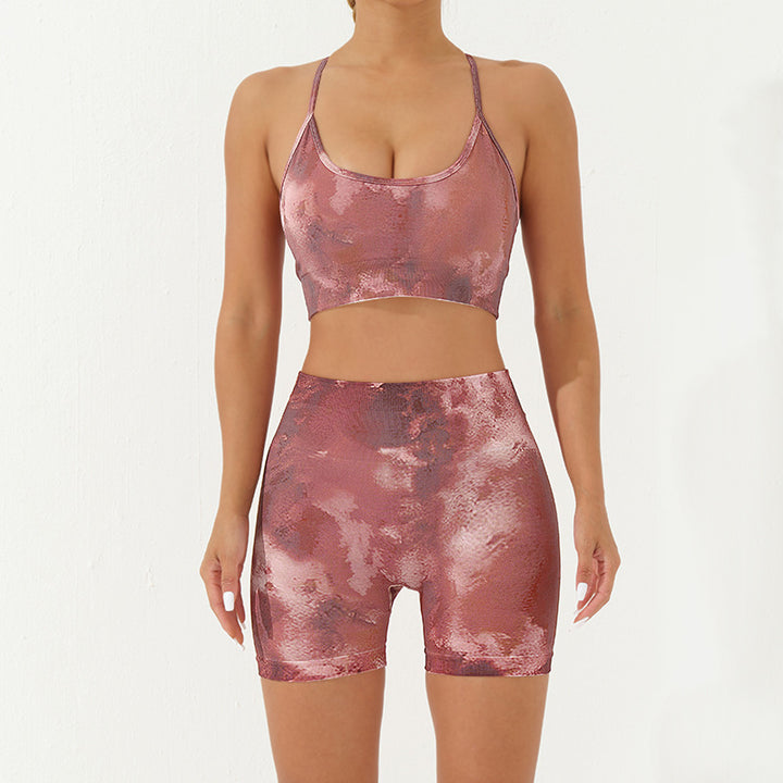 Buddha Stones - Conjunto de 2 piezas con estampado de camuflaje, espalda cruzada, correa cruzada, sujetador, pantalones cortos, polainas, pantalones de fitness y yoga - borgoña - 2 piezas (top y pantalones cortos) - US8-10，UK/AU12-14，EU40-42 (L) - image 12