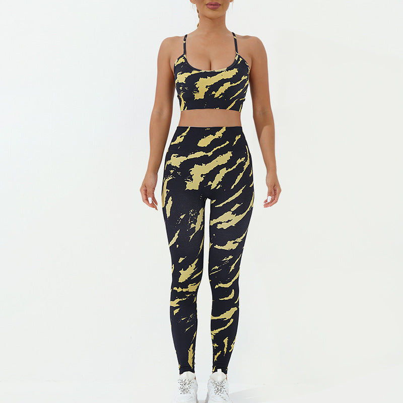 Buddha Stones - Conjunto de 2 piezas con estampado de camuflaje, espalda cruzada, correa cruzada, sujetador, pantalones cortos, polainas, pantalones de fitness y yoga - Amarillo Negro - 2 piezas (parte superior y pantalones) - US8-10，UK/AU12-14，EU40-42 (L) - image 3