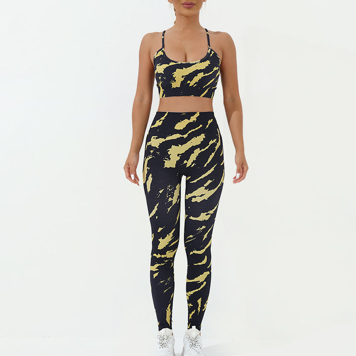 Buddha Stones - Conjunto de 2 piezas con estampado de camuflaje, espalda cruzada, correa cruzada, sujetador, pantalones cortos, polainas, pantalones de fitness y yoga - Amarillo Negro - 2 piezas (parte superior y pantalones) - US8-10，UK/AU12-14，EU40-42 (L) - image 3