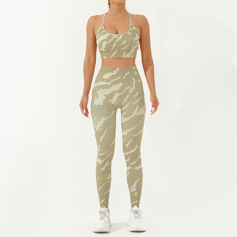 Buddha Stones - Conjunto de 2 piezas con estampado de camuflaje, espalda cruzada, correa cruzada, sujetador, pantalones cortos, polainas, pantalones de fitness y yoga - Verde amarillento - 2 piezas (parte superior y pantalones) - US8-10，UK/AU12-14，EU40-42 (L) - image 7