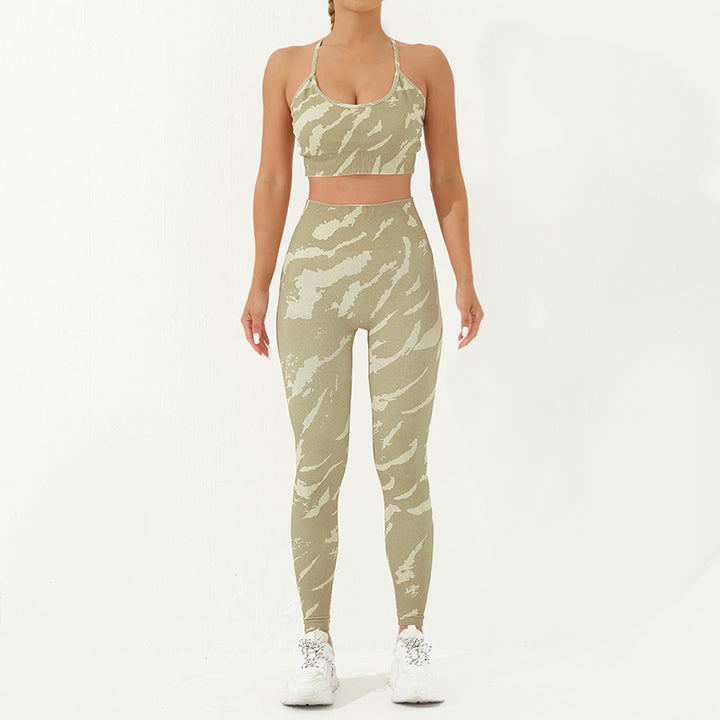 Buddha Stones - Conjunto de 2 piezas con estampado de camuflaje, espalda cruzada, correa cruzada, sujetador, pantalones cortos, polainas, pantalones de fitness y yoga - Verde amarillento - 2 piezas (parte superior y pantalones) - US8-10，UK/AU12-14，EU40-42 (L) - image 7