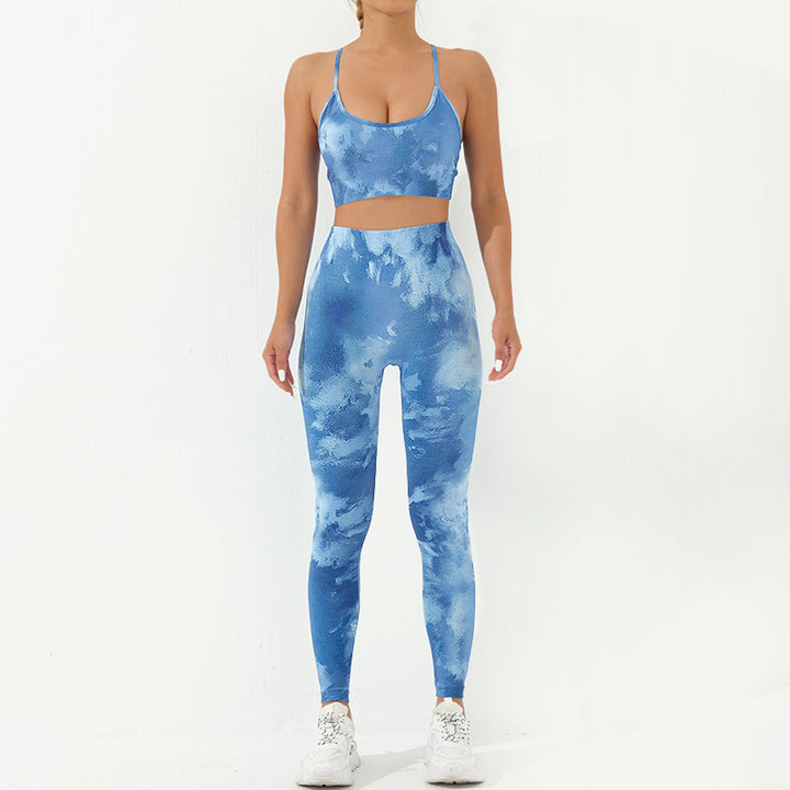 Buddha Stones - Conjunto de 2 piezas con estampado de camuflaje, espalda cruzada, correa cruzada, sujetador, pantalones cortos, polainas, pantalones de fitness y yoga - Azul - 2 piezas (parte superior y pantalones) - US8-10，UK/AU12-14，EU40-42 (L) - image 18