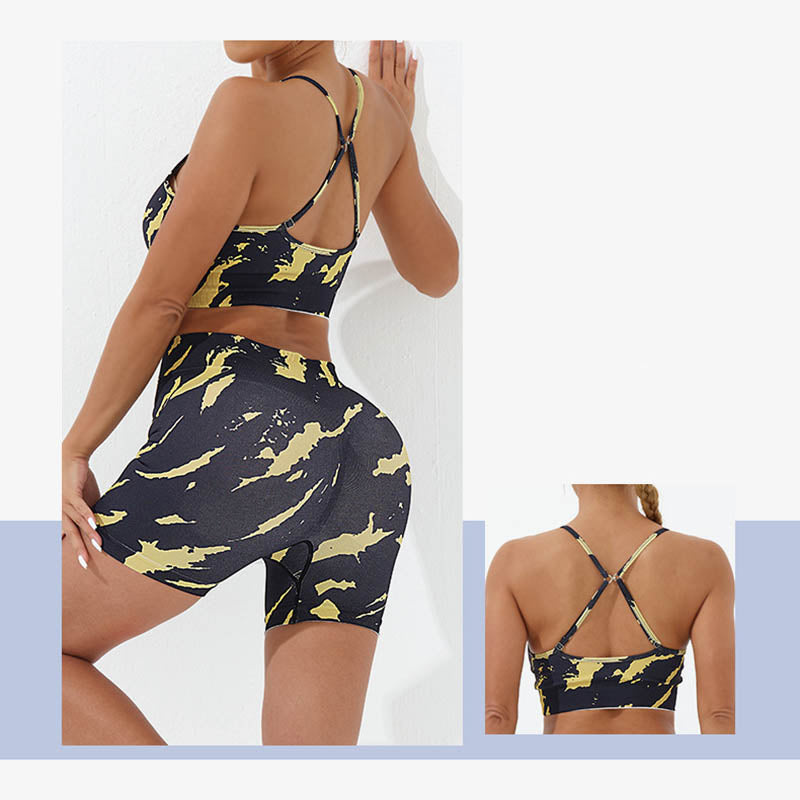 Buddha Stones - Conjunto de 2 piezas con estampado de camuflaje, espalda cruzada, correa cruzada, sujetador, pantalones cortos, polainas, pantalones de fitness y yoga - image 2