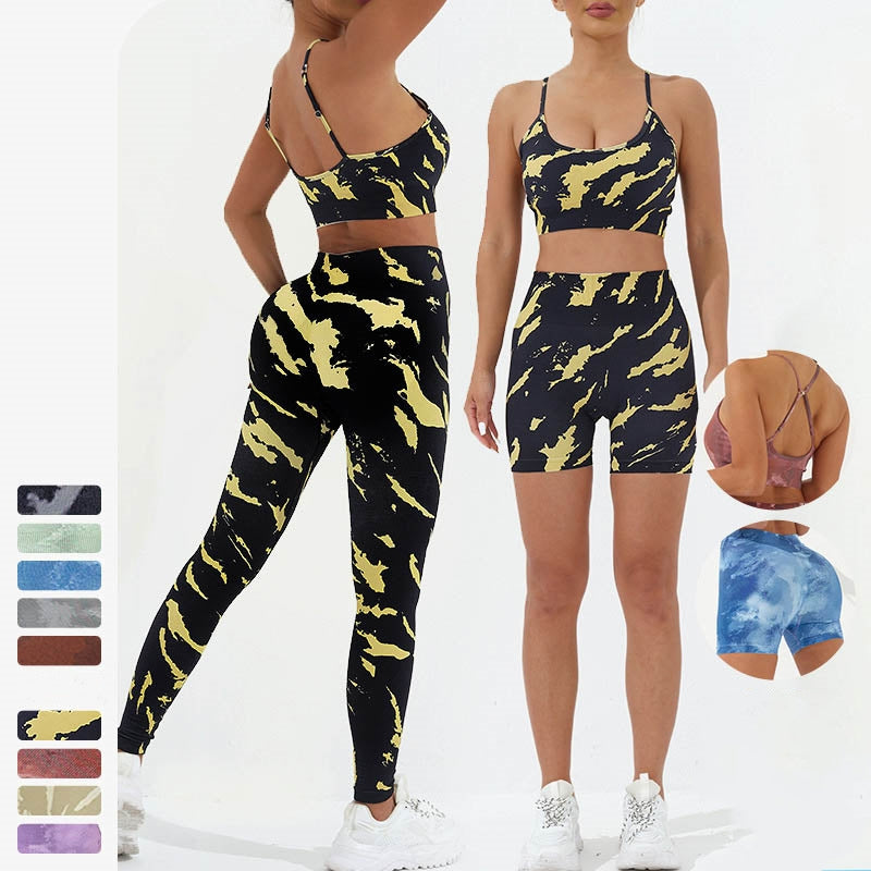 Buddha Stones - Conjunto de 2 piezas con estampado de camuflaje, espalda cruzada, correa cruzada, sujetador, pantalones cortos, polainas, pantalones de fitness y yoga - image 4