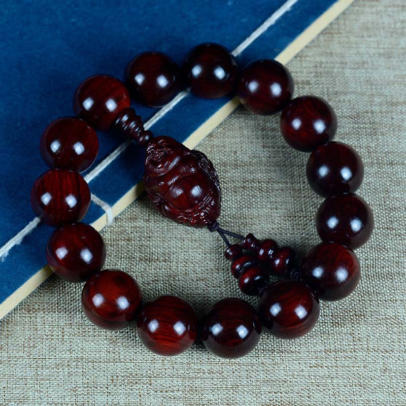 Pulsera de protección del dios de la riqueza de Buda sonriente de sándalo rojo de hoja pequeña con piedras de Buddha Stones