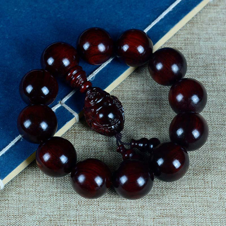 Pulsera de protección del dios de la riqueza de Buda sonriente de sándalo rojo de hoja pequeña con piedras de Buddha Stones