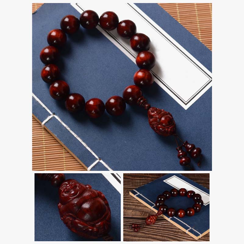 Pulsera de protección del dios de la riqueza de Buda sonriente de sándalo rojo de hoja pequeña con piedras de Buddha Stones