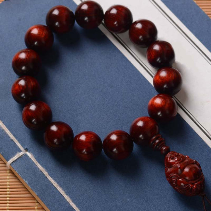 Pulsera de protección del dios de la riqueza de Buda sonriente de sándalo rojo de hoja pequeña con piedras de Buddha Stones
