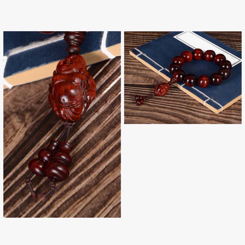 Pulsera de protección del dios de la riqueza de Buda sonriente de sándalo rojo de hoja pequeña con piedras de Buddha Stones