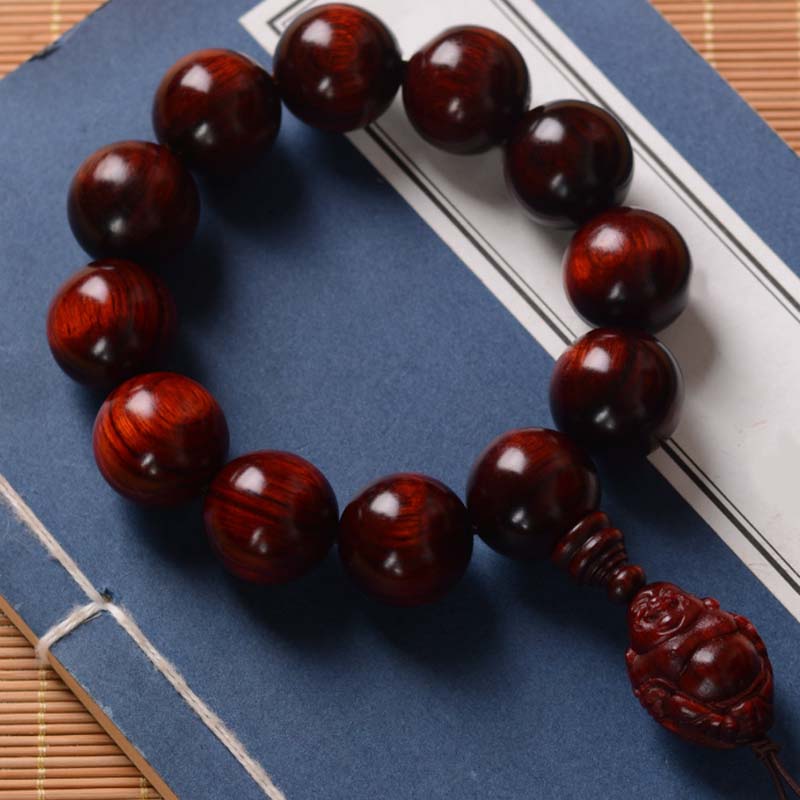 Pulsera de protección del dios de la riqueza de Buda sonriente de sándalo rojo de hoja pequeña con piedras de Buddha Stones