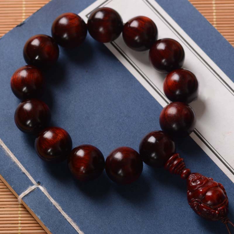 Pulsera de protección del dios de la riqueza de Buda sonriente de sándalo rojo de hoja pequeña con piedras de Buddha Stones