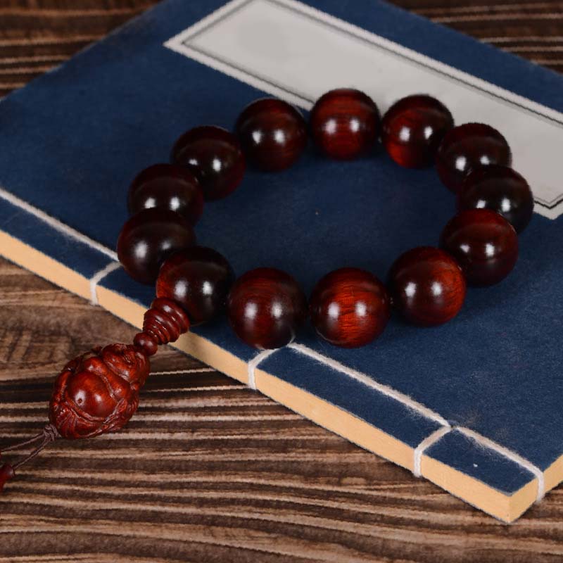 Pulsera de protección del dios de la riqueza de Buda sonriente de sándalo rojo de hoja pequeña con piedras de Buddha Stones