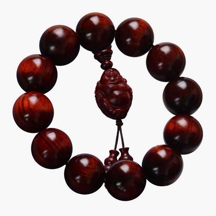 Pulsera de protección del dios de la riqueza de Buda sonriente de sándalo rojo de hoja pequeña con piedras de Buddha Stones