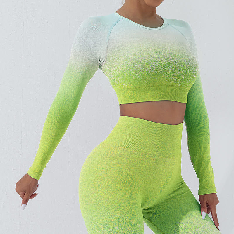 Buddha Stones Degradado Manga Larga Crop Top Tee Bra Leggings Pantalones Fitness Yoga Outfit - Arriba - Verde - US4，UK/AU8，EU36 (L) - image 11