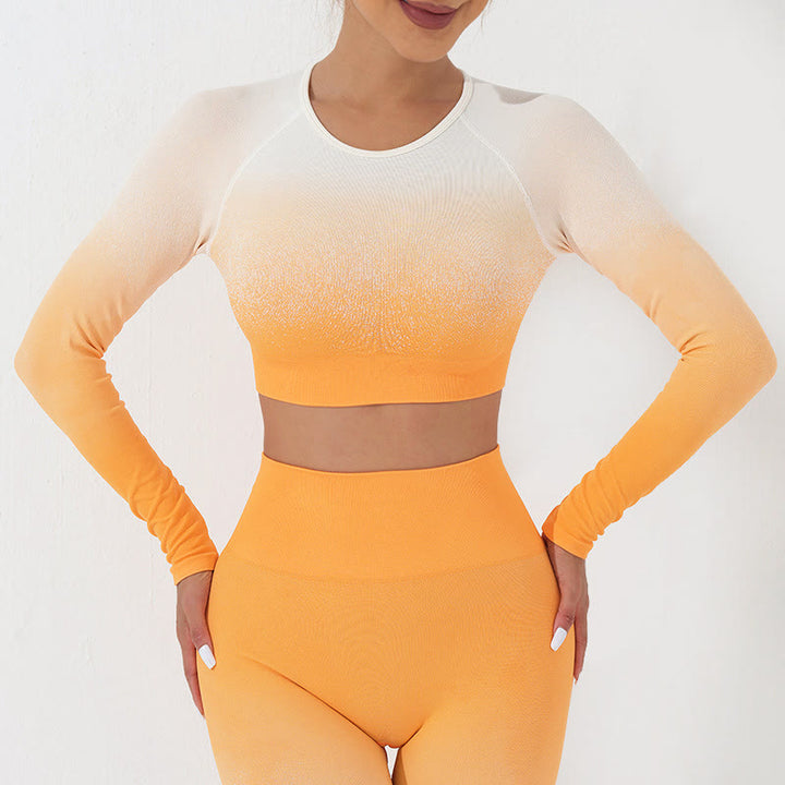 Buddha Stones Degradado Manga Larga Crop Top Tee Bra Leggings Pantalones Fitness Yoga Outfit - Arriba - Naranja Blanco - US4，UK/AU8，EU36 (L) - image 4