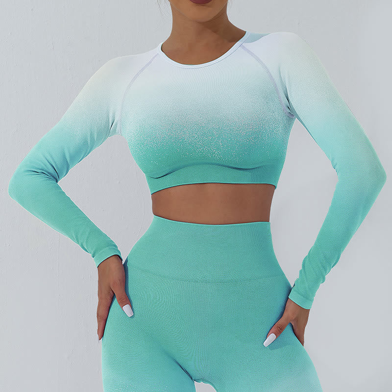 Buddha Stones Degradado Manga Larga Crop Top Tee Bra Leggings Pantalones Fitness Yoga Outfit - Arriba - Blanco cian - US4，UK/AU8，EU36 (L) - image 1