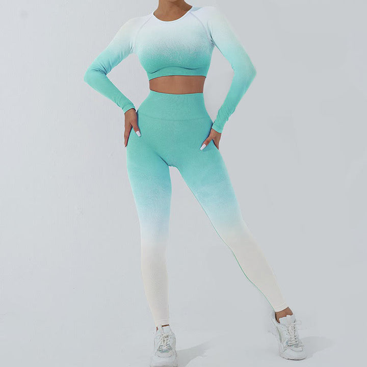 Buddha Stones Degradado Manga Larga Crop Top Tee Bra Leggings Pantalones Fitness Yoga Outfit - image 0