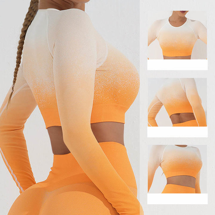Buddha Stones Degradado Manga Larga Crop Top Tee Bra Leggings Pantalones Fitness Yoga Outfit - image 9