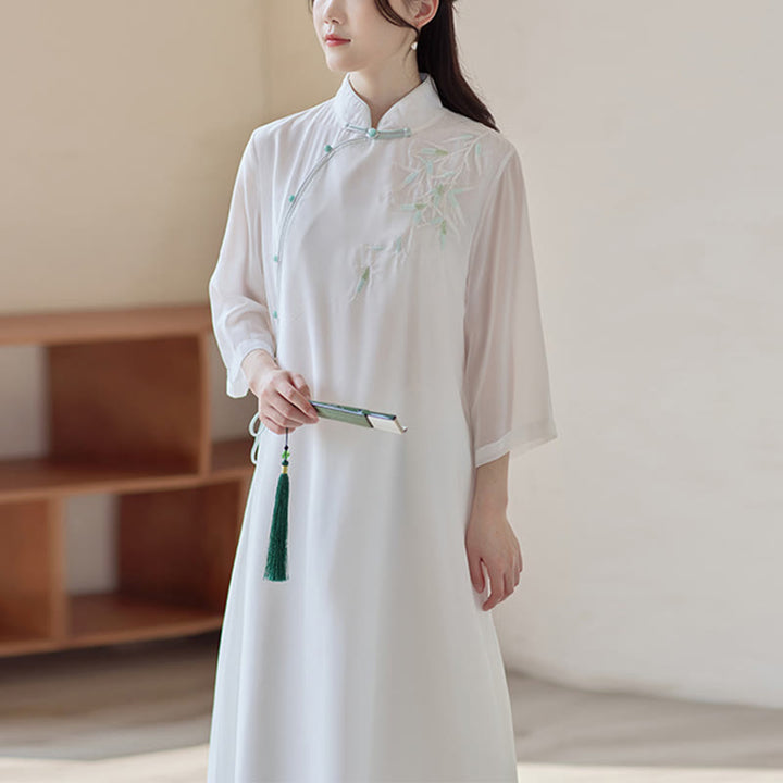 Vestido Cheongsam de bambú con Buddha Stones, vestido a media pierna, pantalones de pierna ancha, ropa de práctica Zen espiritual para meditación - Vestidos Cheongsam (Solo el vestido) - US8-10，UK/AU12-14，EU40-42 (2XL) - image 11