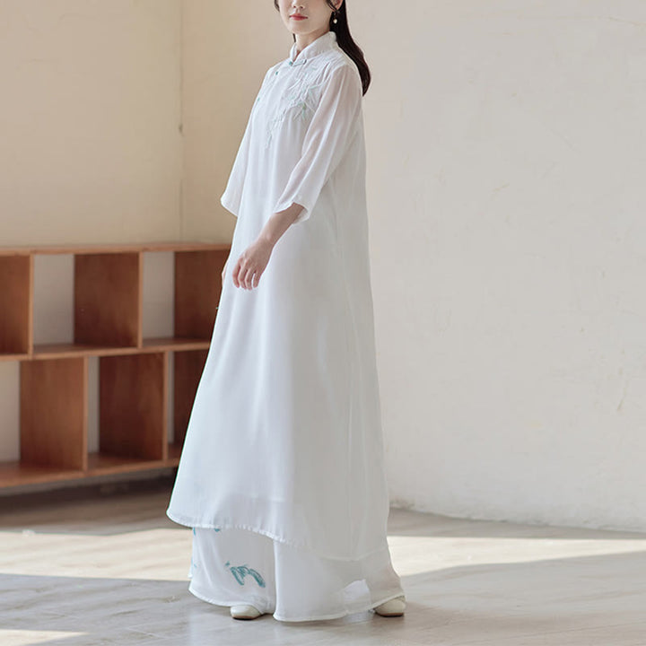 Vestido Cheongsam de bambú con Buddha Stones, vestido a media pierna, pantalones de pierna ancha, ropa de práctica Zen espiritual para meditación - image 3