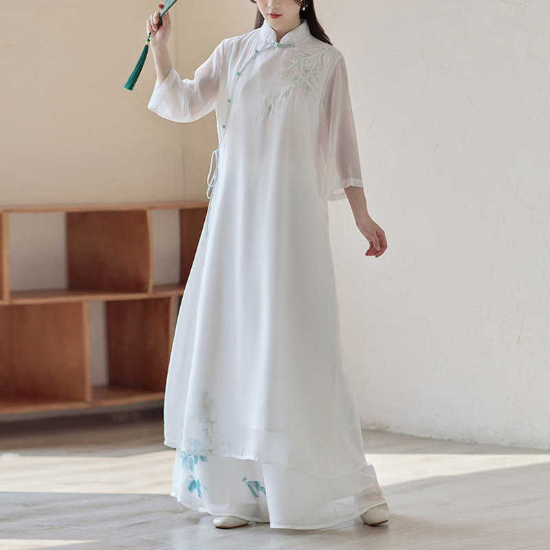 Vestido Cheongsam de bambú con Buddha Stones, vestido a media pierna, pantalones de pierna ancha, ropa de práctica Zen espiritual para meditación - image 1