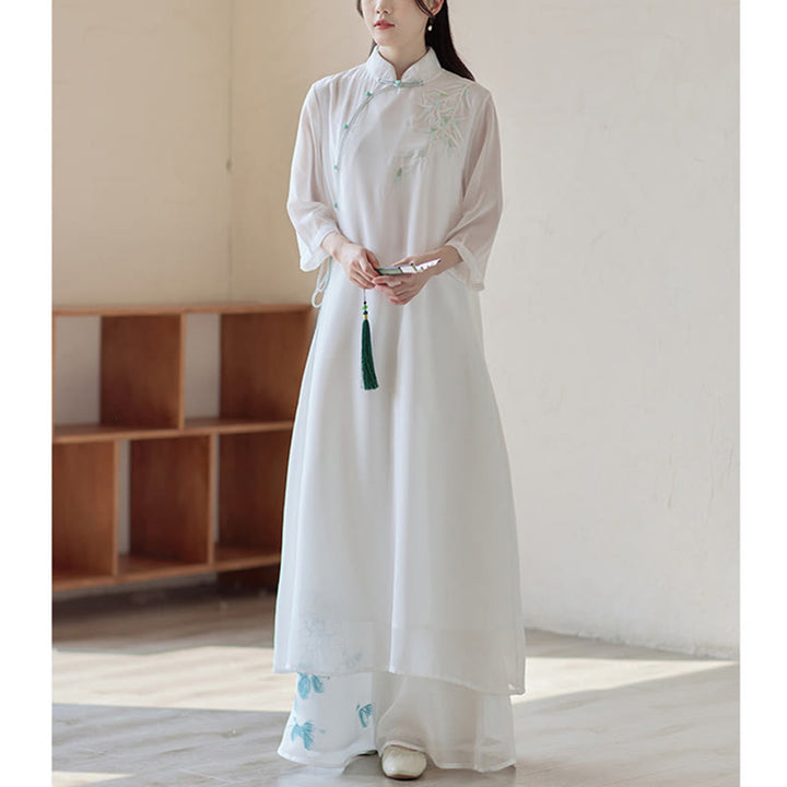 Vestido Cheongsam de bambú con Buddha Stones, vestido a media pierna, pantalones de pierna ancha, ropa de práctica Zen espiritual para meditación - image 2