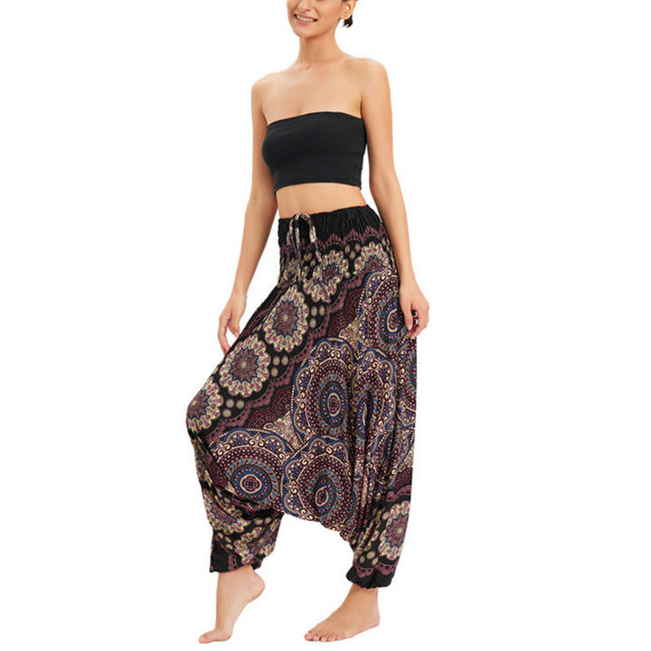 Buddha Stones, ropa de dos estilos, patrón de flores de Mandala, pantalones bombachos holgados ahumados, mono, pantalones de cintura alta - Marrón dorado - US2-12, UK/AU6-16, EU34-44 (F) - image 6
