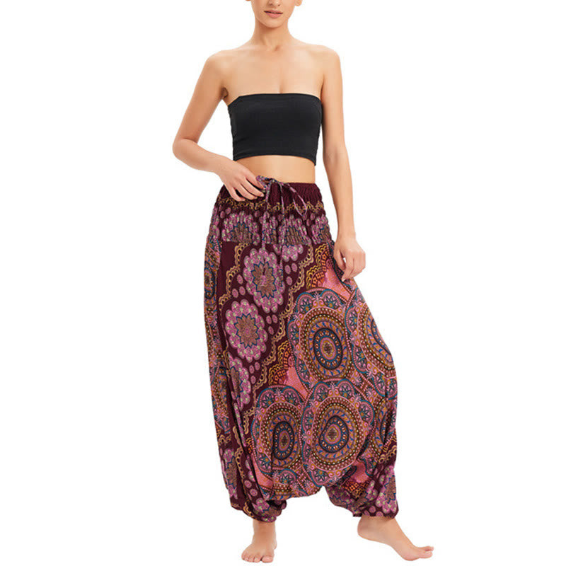 Buddha Stones, ropa de dos estilos, patrón de flores de Mandala, pantalones bombachos holgados ahumados, mono, pantalones de cintura alta - borgoña - US2-12, UK/AU6-16, EU34-44 (F) - image 13