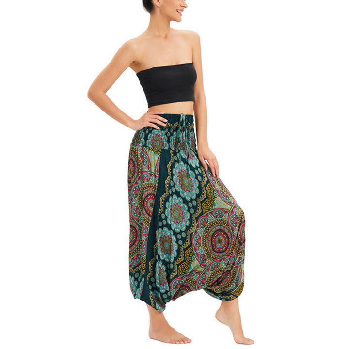 Buddha Stones, ropa de dos estilos, patrón de flores de Mandala, pantalones bombachos holgados ahumados, mono, pantalones de cintura alta - image 1