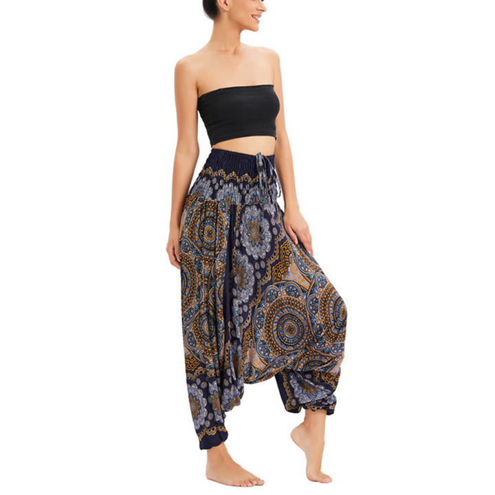 Buddha Stones, ropa de dos estilos, patrón de flores de Mandala, pantalones bombachos holgados ahumados, mono, pantalones de cintura alta - Azul oscuro - US2-12, UK/AU6-16, EU34-44 (F) - image 19