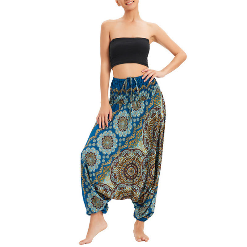 Buddha Stones, ropa de dos estilos, patrón de flores de Mandala, pantalones bombachos holgados ahumados, mono, pantalones de cintura alta - Azul cielo - US2-12, UK/AU6-16, EU34-44 (F) - image 27