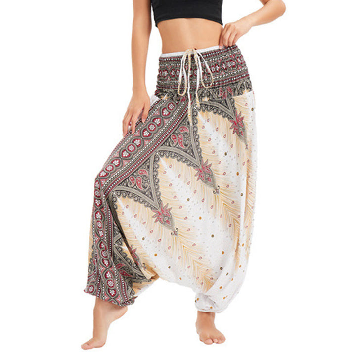 Buddha Stones, ropa de dos estilos, pantalones bombachos holgados con plumas de pavo real, mono, pantalones de cintura alta