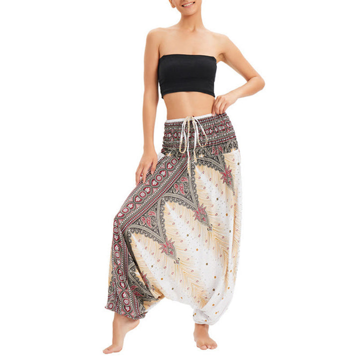 Buddha Stones, ropa de dos estilos, pantalones bombachos holgados con plumas de pavo real, mono, pantalones de cintura alta
