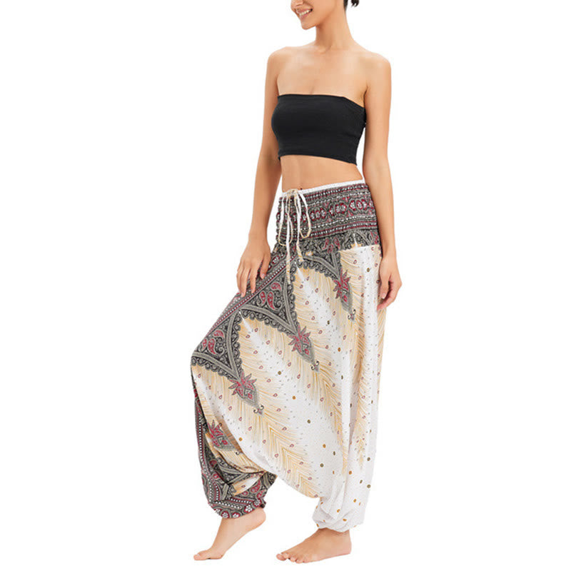 Buddha Stones, ropa de dos estilos, pantalones bombachos holgados con plumas de pavo real, mono, pantalones de cintura alta