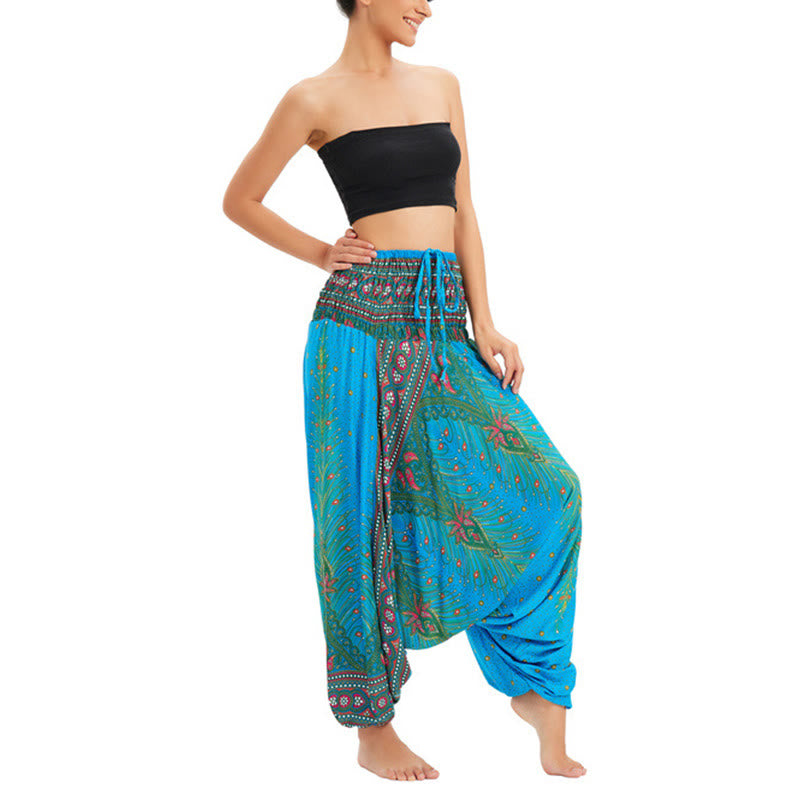 Buddha Stones, ropa de dos estilos, pantalones bombachos holgados con plumas de pavo real, mono, pantalones de cintura alta