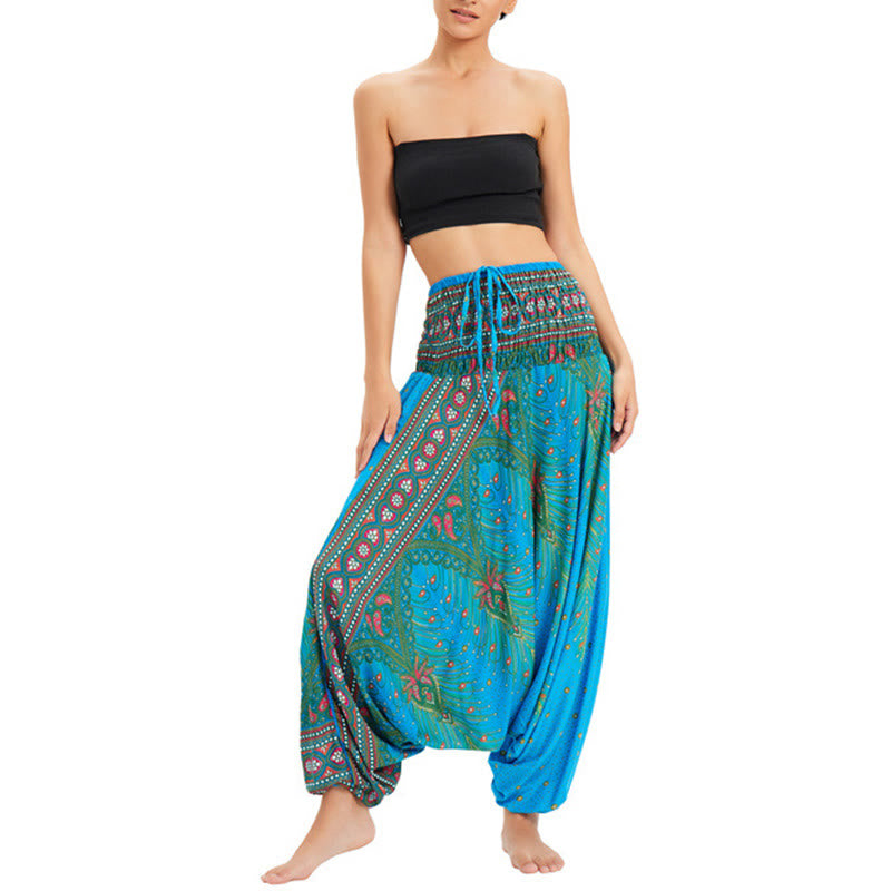 Buddha Stones, ropa de dos estilos, pantalones bombachos holgados con plumas de pavo real, mono, pantalones de cintura alta