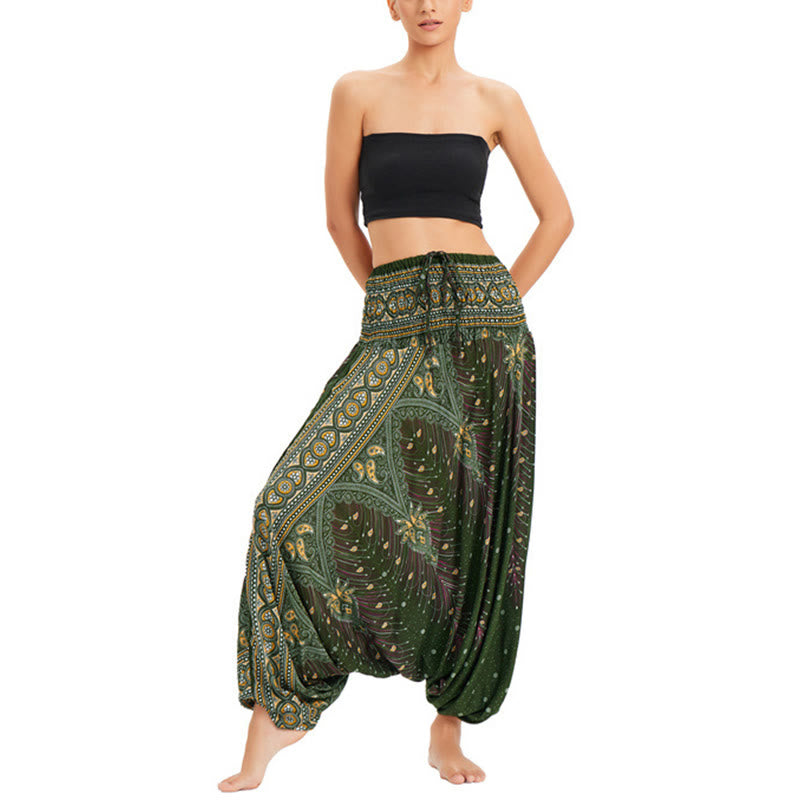 Buddha Stones, ropa de dos estilos, pantalones bombachos holgados con plumas de pavo real, mono, pantalones de cintura alta