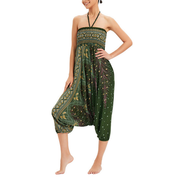 Buddha Stones, ropa de dos estilos, pantalones bombachos holgados con plumas de pavo real, mono, pantalones de cintura alta