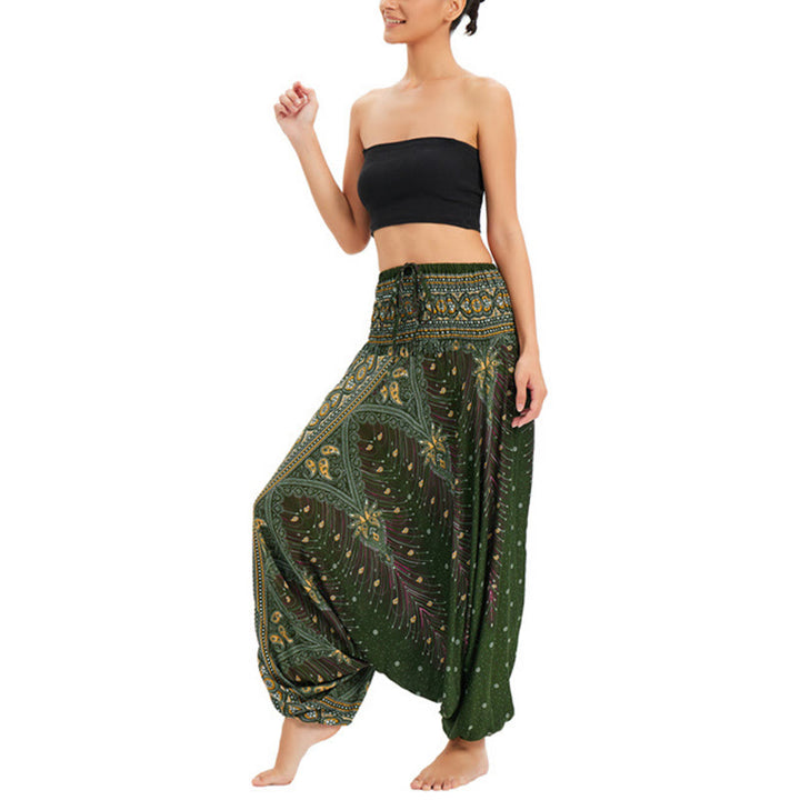 Buddha Stones, ropa de dos estilos, pantalones bombachos holgados con plumas de pavo real, mono, pantalones de cintura alta