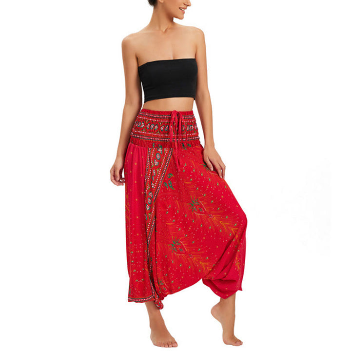 Buddha Stones, ropa de dos estilos, pantalones bombachos holgados con plumas de pavo real, mono, pantalones de cintura alta