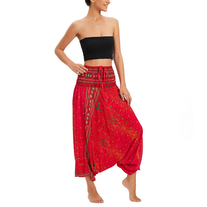 Buddha Stones, ropa de dos estilos, pantalones bombachos holgados con plumas de pavo real, mono, pantalones de cintura alta