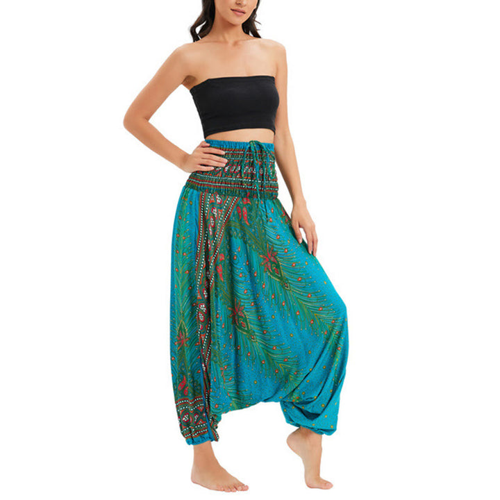 Buddha Stones, ropa de dos estilos, pantalones bombachos holgados con plumas de pavo real, mono, pantalones de cintura alta