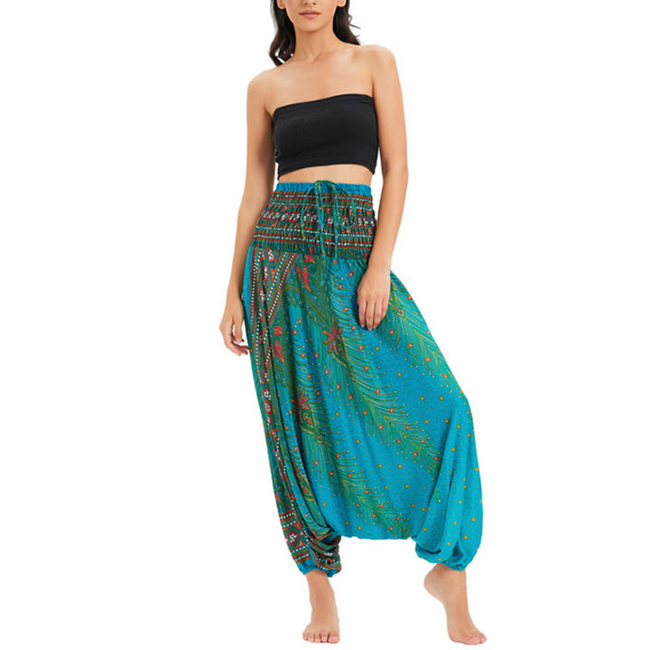 Buddha Stones, ropa de dos estilos, pantalones bombachos holgados con plumas de pavo real, mono, pantalones de cintura alta
